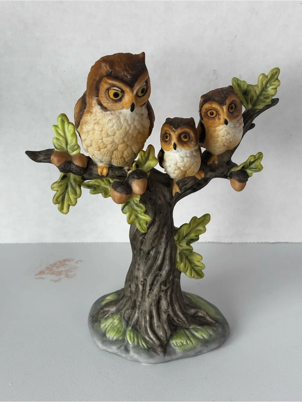Vintage 1983 Enesco Three Owls Perched on Tree Figurine